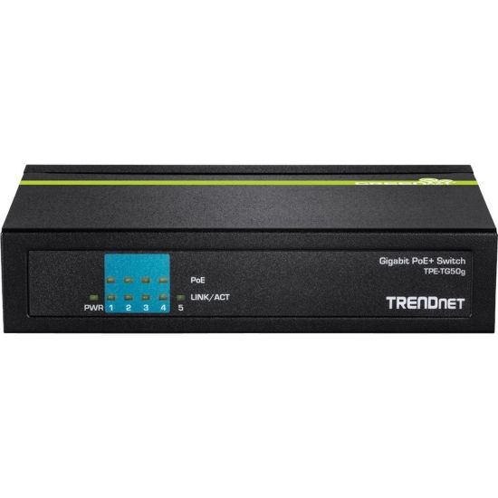 Picture of TRENDnet 5-Port Gigabit PoE+ Switch, 31 W PoE Budget, 10 Gbps Switching Capacity, Data & Power Through Ethernet To PoE Access Points And IP Cameras, Full & Half Duplex, Black, TPE-TG50g - 5-port Gigabit PoE+ Switch