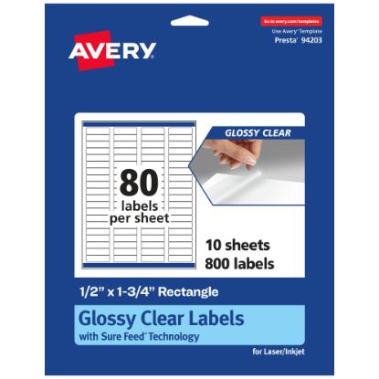 Picture of Avery Glossy Permanent Labels With Sure Feed, 94203-CGF10, Rectangle, 1/2in x 1-3/4in, Clear, Pack Of 800