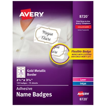 Picture of Avery Adhesive Name Badges, Metallic Borders, 2 1/3in x 3 3/8in, White, Pack Of 120 Badges