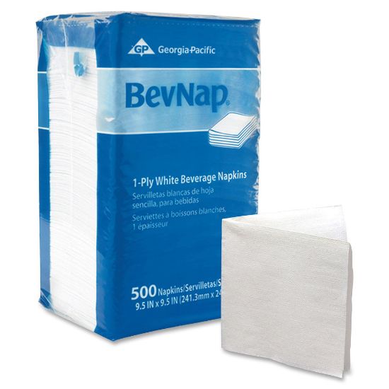 Picture of Georgia-Pacific BevNap 1-Ply Beverage Napkins, 9 1/2in x 9 1/2in, White, 500 Napkins Per Pack, Carton Of 4000