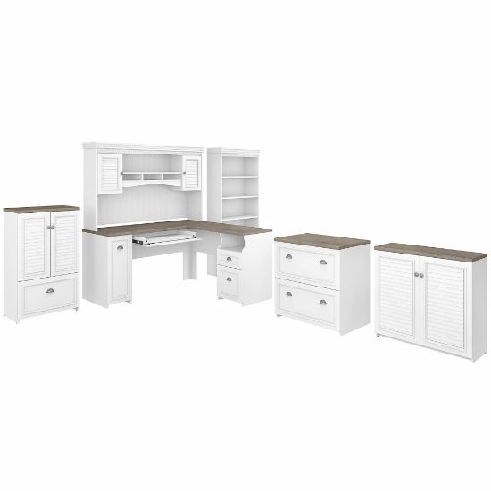 Picture of Bush Furniture Fairview 60inW L-Shaped Desk With Hutch, Bookcase, Storage And File Cabinets, Shiplap Gray/Pure White, Standard Delivery