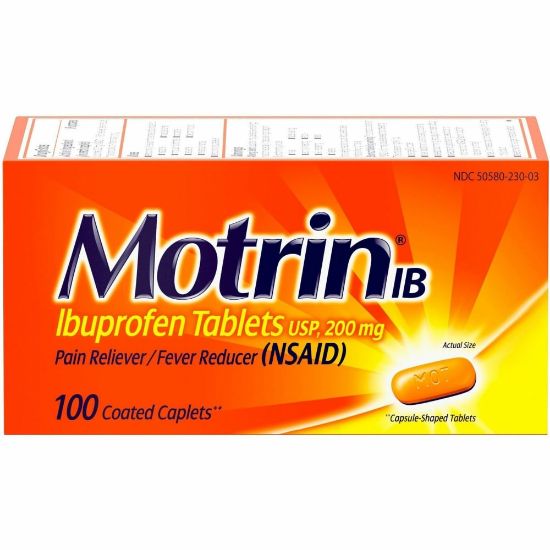 Picture of Motrin Ibuprofen Caplets - For Fever, Common Cold, Headache, Backache, Muscular Pain, Arthritis, Toothache - 100 / Box