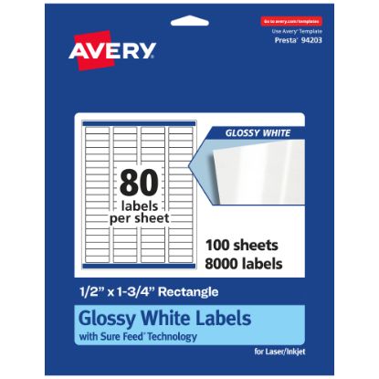 Picture of Avery Glossy Permanent Labels With Sure Feed, 94203-WGP100, Rectangle, 1/2in x 1-3/4in, White, Pack Of 8,000