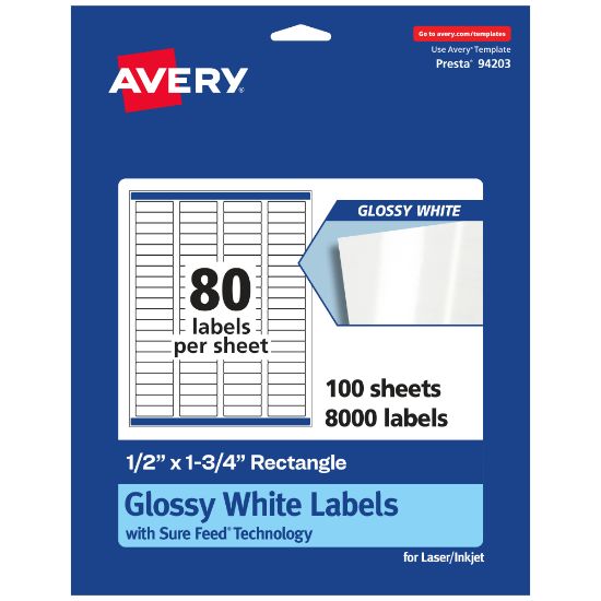 Picture of Avery Glossy Permanent Labels With Sure Feed, 94203-WGP100, Rectangle, 1/2in x 1-3/4in, White, Pack Of 8,000