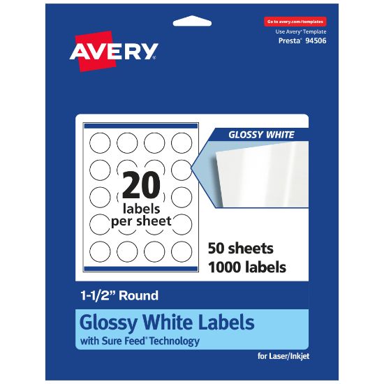 Picture of Avery Glossy Permanent Labels With Sure Feed, 94506-WGP50, Round, 1-1/2in Diameter, White, Pack Of 1,000