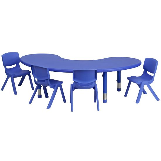 Picture of Flash Furniture Half-Moon Plastic Height-Adjustable Activity Table Set With 4 Chairs, 23-3/4inH x 35inW x 65inD, Blue