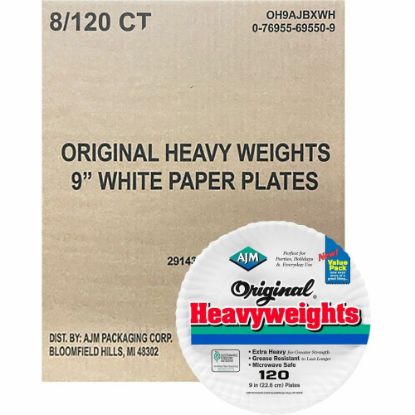 Picture of AJM 9in Original Heavyweight Plates - 120 / Pack - Serving, Reheating - Disposable - Microwave Safe - 9in Diameter - White - Paper Body - 8 / Carton