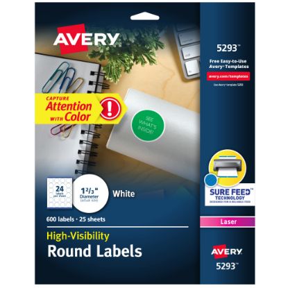 Picture of Avery High Visibility Labels With Sure Feed For Laser Printers, 5293, Round, 1-2/3in, White, Pack Of 600