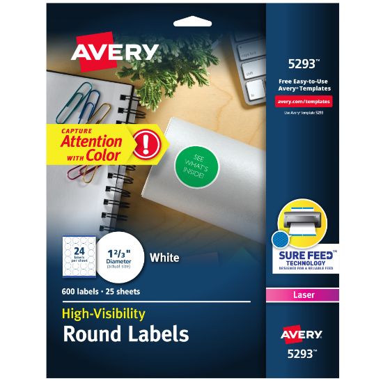 Picture of Avery High Visibility Labels With Sure Feed For Laser Printers, 5293, Round, 1-2/3in, White, Pack Of 600