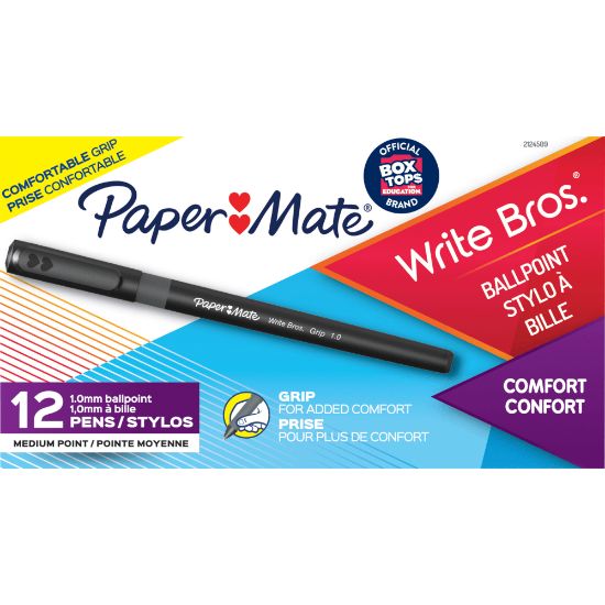 Picture of Paper Mate Write Bros Grip Ballpoint Pens, Medium Point, 1.0 mm, Black Barrel, Black Ink, Pack Of 12 Pens