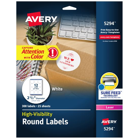 Picture of Avery High Visibility Labels With Sure Feed For Laser Printers, 5294, Round, 2-1/2in Diameter, White, Pack Of 300