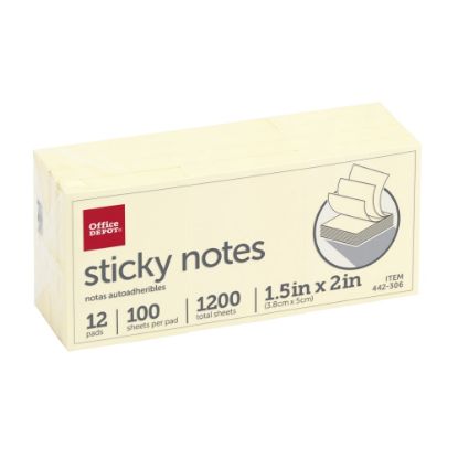 Picture of Office Depot Brand Sticky Notes, 1-1/2in x 2in, Yellow, 100 Sheets Per Pad, Pack Of 12 Pads