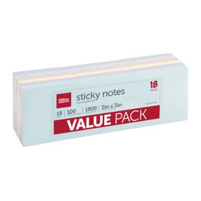 Picture of Office Depot Brand Sticky Notes Value Pack, 3in x 3in, Assorted Pastel Colors, 100 Sheets Per Pad, Pack Of 18 Pads