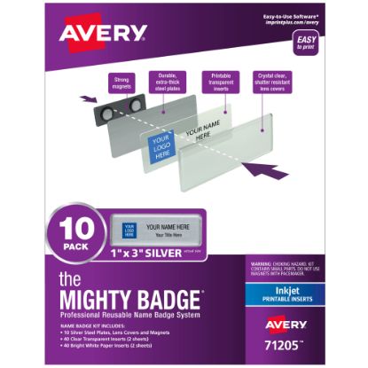 Picture of Avery The Mighty Badge Magnetic Badges For Inkjet Printers, 1in x 3in, Silver, Pack Of 10 Badges