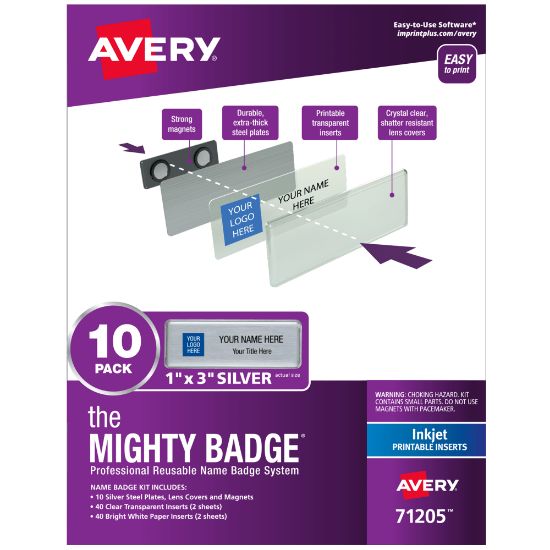 Picture of Avery The Mighty Badge Magnetic Badges For Inkjet Printers, 1in x 3in, Silver, Pack Of 10 Badges