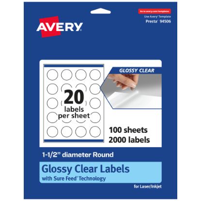 Picture of Avery Glossy Permanent Labels With Sure Feed, 94506-CGF100, Round, 1-1/2in Diameter, Clear, Pack Of 2,000