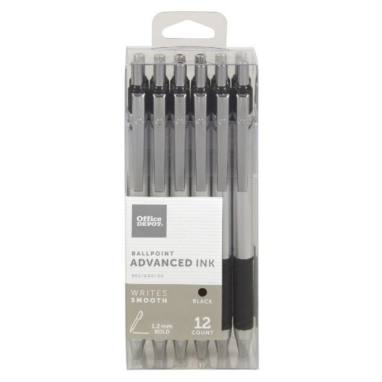 Picture of Office Depot Brand Advanced Ink Retractable Ballpoint Pens, Bold Point, 1.2 mm, Silver Barrel, Black Ink, Pack Of 12