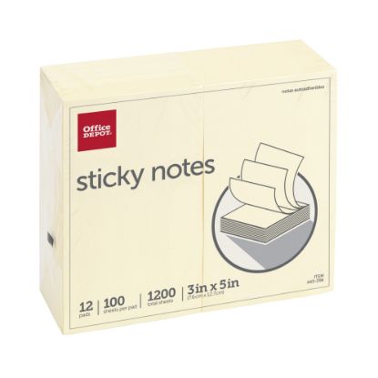 Picture of Office Depot Brand Sticky Notes, 3in x 5in, Yellow, 100 Sheets Per Pad, Pack Of 12 Pads