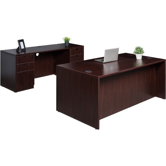 Picture of Boss Office Products Holland Suite Desk And Credenza With Dual File Storage Pedestals, Mahogany