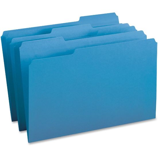 Picture of Business Source 1/3 Tab Cut Legal Top Tab File Folders - 8 1/2in x 14in - Assorted Tab Position - Stock - Blue - 100 / Box