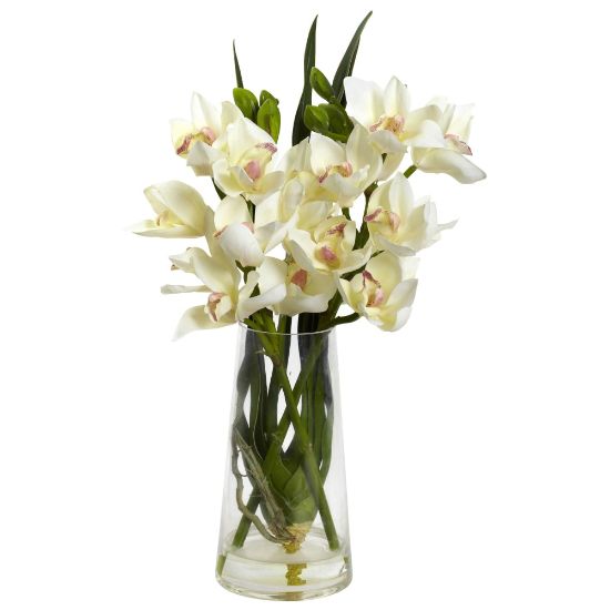 Picture of Nearly Natural Cymbidium Orchid 19inH  Plastic Floral Arrangement With Vase, 19inH x 10inW x 7inD, White/Green