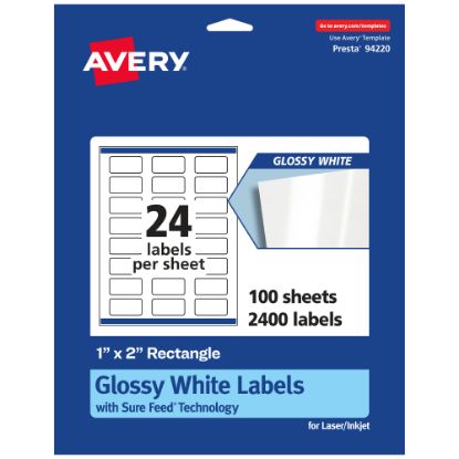 Picture of Avery Glossy Permanent Labels With Sure Feed, 94220-WGP100, Rectangle, 1in x 2in, White, Pack Of 2,400