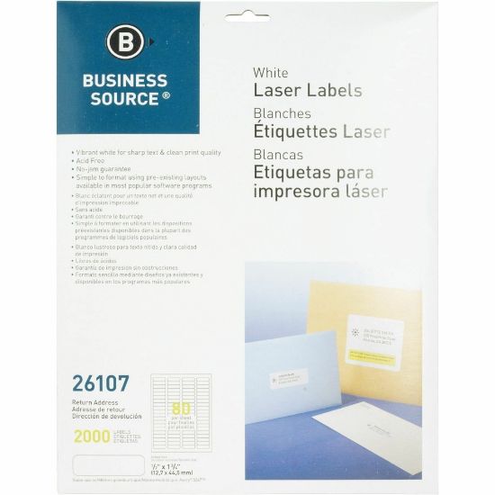 Picture of Business Source Address Laser Labels - 1/2in Width x 1 3/4in Length - Permanent Adhesive - Rectangle - Laser - White - 80 / Sheet - 25 Total Sheets - 2000 / Pack - Lignin-free, Jam-free