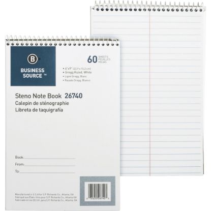 Picture of Business Source Steno Notebook - 60 Sheets - Wire Bound - Gregg Ruled Margin - 15 lb Basis Weight - 6in x 9in - White Paper - Stiff-back - 1 Each