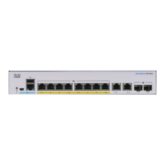 Picture of Cisco 250 CBS250-8P-E-2G Ethernet Switch - 8 Ports - Manageable - 2 Layer Supported - Modular - 2 SFP Slots - 80.86 W Power Consumption - 67 W PoE Budget - Optical Fiber, Twisted Pair - PoE Ports - Rack-mountable - Lifetime Limited Warranty