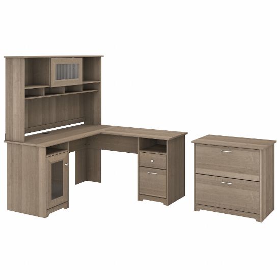 Picture of Bush Furniture Cabot 60inW L-Shaped Computer Desk With Hutch And Lateral File Cabinet, Ash Gray, Standard Delivery