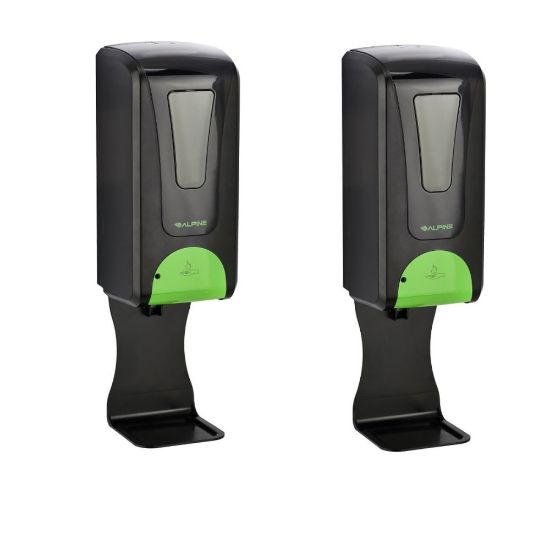 Picture of Alpine Industries 1200 mL Wall Mount Automatic Gel Hand Sanitizer Dispensers With Drip Trays, Black, Set Of 2 Dispensers