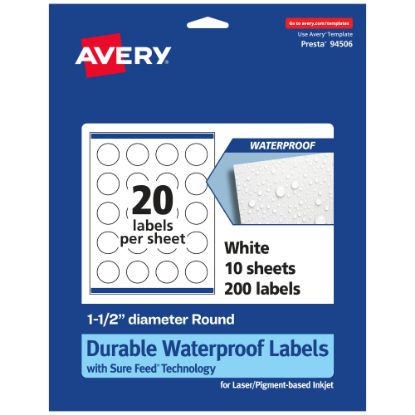 Picture of Avery Waterproof Permanent Labels With Sure Feed, 94506-WMF10, Round, 1-1/2in Diameter, White, Pack Of 200