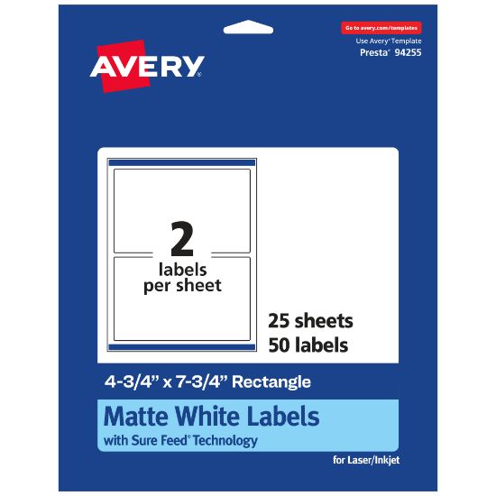 Picture of Avery Permanent Labels With Sure Feed, 94255-WMP25, Rectangle, 4-3/4in x 7-3/4in, White, Pack Of 50