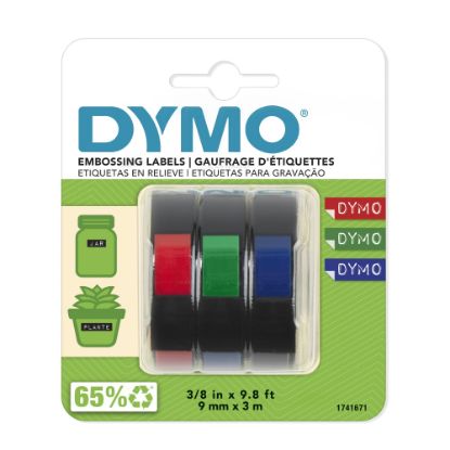 Picture of DYMO 3D Embossing Labels, 3/8in x 9 4/5in, Assorted Glossy Colors, Pack Of 3 Rolls