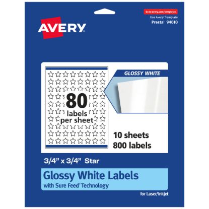 Picture of Avery Glossy Permanent Labels With Sure Feed, 94610-WGP10, Star, 3/4in x 3/4in, White, Pack Of 800