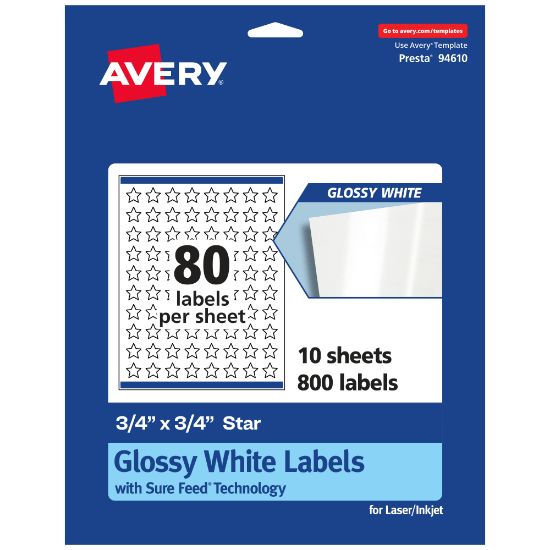 Picture of Avery Glossy Permanent Labels With Sure Feed, 94610-WGP10, Star, 3/4in x 3/4in, White, Pack Of 800