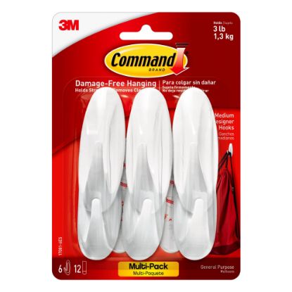 Picture of Command Medium General Purpose Removable Designer Plastic Hooks, 6-Command Hooks, 12-Command Strips, Damage-Free, White