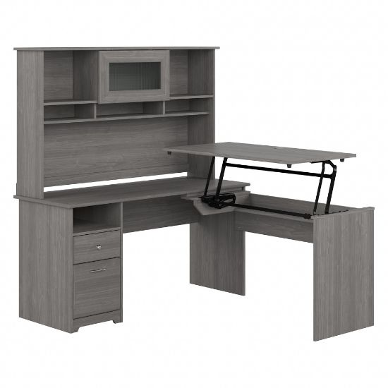 Picture of Bush Furniture Cabot 60inW 3-Position Sit-To-Stand Height-Adjustable L-Shaped Desk With Hutch, Modern Gray, Standard Delivery