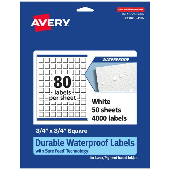 Picture of Avery Waterproof Permanent Labels With Sure Feed, 94102-WMF50, Square, 3/4in x 3/4in, White, Pack Of 4,000