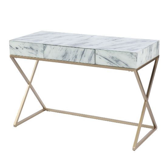 Picture of SEI Furniture Kamblemore 45inW Faux Marble Writing Desk With Storage, Gold/Gray/White