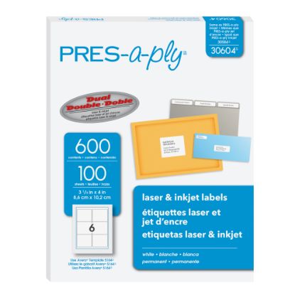 Picture of Avery PRES-a-ply Labels for Laser and Inkjet Printers, AVE30604, Rectangle, 3 1/3inW x 4inL, White, Box Of 600