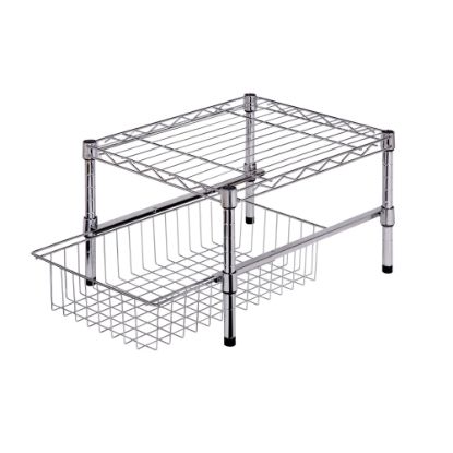 Picture of Honey-Can-Do Adjustable Cabinet Organizer With Shelf And Basket, 11inH x 14 3/4inW x 17 3/4inD, Chrome