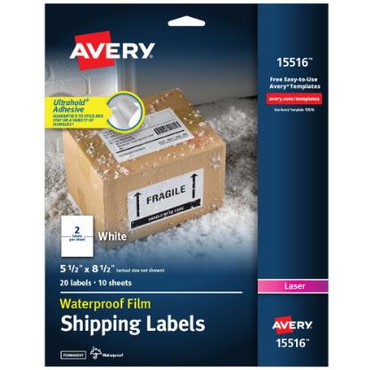 Picture of Avery Waterproof Shipping Labels With Ultrahold, 15516, Rectangle, 5-1/2in x 8-1/2in, White, 20 Labels For Laser Printers