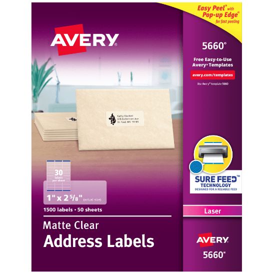 Picture of Avery Matte Address Labels With Sure Feed Technology, 5660, Rectangle, 1in x 2-5/8in, Clear, Pack Of 1,500