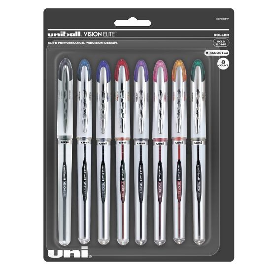 Picture of uni-ball Vision Elite Liquid Ink Rollerball Pens, Bold Point, 0.8 mm, Black Barrel, Assorted Ink Colors, Pack Of 8