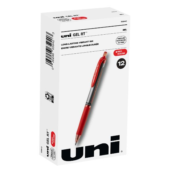 Picture of uni-ball Signo Gel RT Retractable Pens, Medium Point, 0.7 mm, Silver Barrel, Red Ink, Pack Of 12 Pens