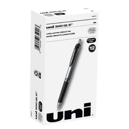 Picture of uni-ball Signo Gel RT Retractable Pens, Medium Point, 0.7 mm, Silver Barrel, Black Ink, Pack Of 12 Pens