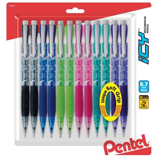 Picture of Pentel Icy Mechanical Pencils, 0.7mm, #2 Lead, Assorted Barrel Colors, Pack Of 12