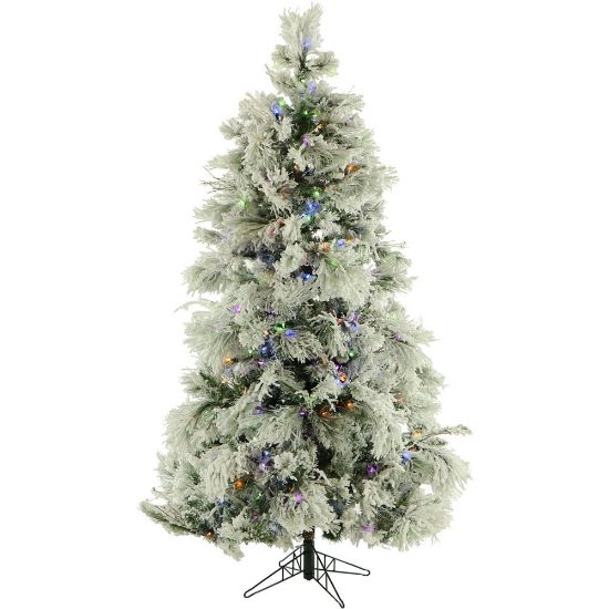 Picture of Fraser Hill Farm Flocked Snowy Pine Christmas Tree, 6 1/2ft X 80in Diameter, With Clear LED String Lighting