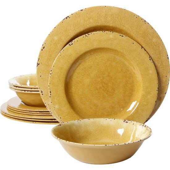 Picture of Gibson Studio California Mauna 12-Piece Melamine Dinnerware Set, Yellow Crackle